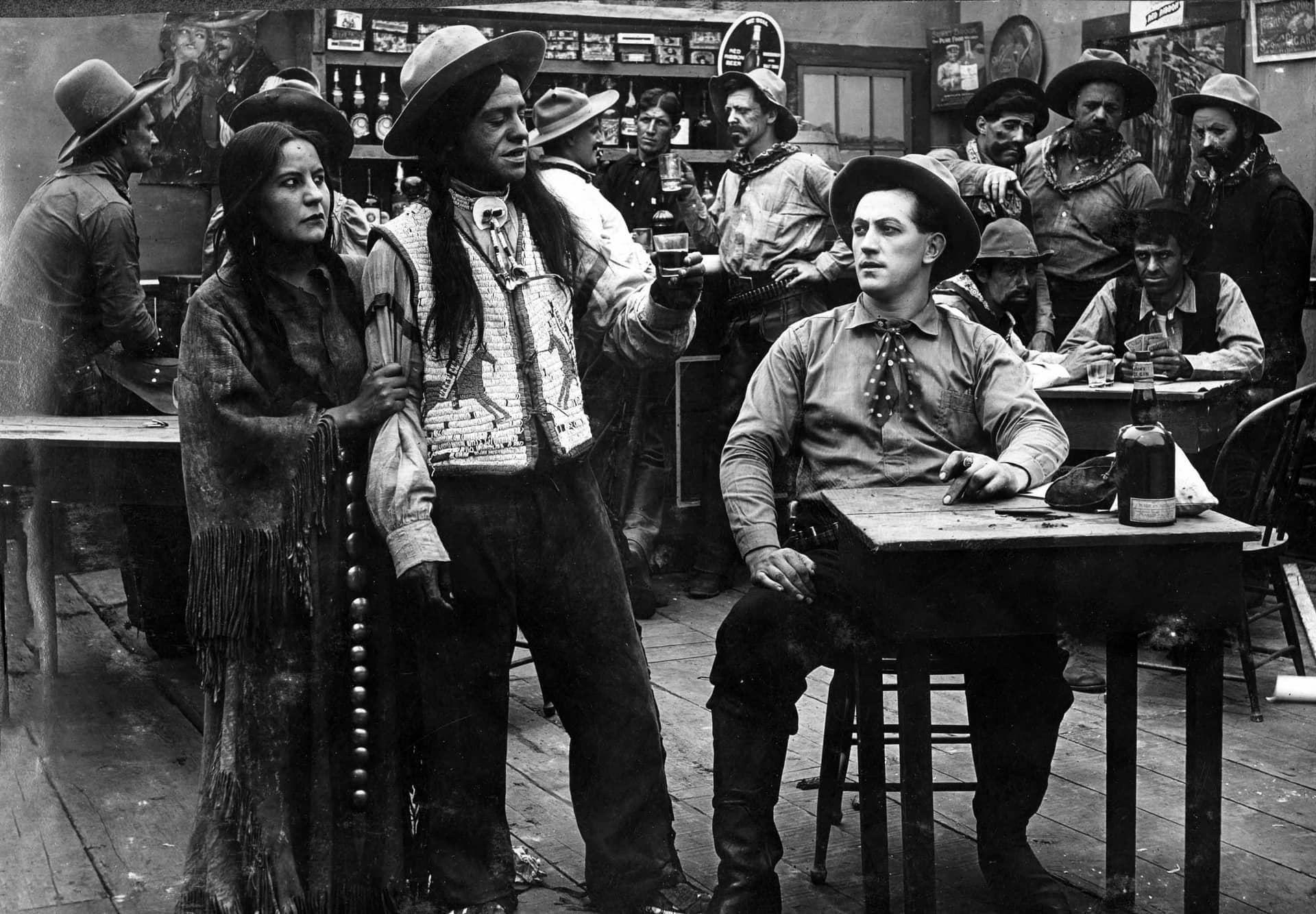 Lillian St. Cyr, also known as Princess Red Wing, standing at left with husband James Young Deer at Pathé West Coast location in 1910, Marc Wanamaker/Bison Archives.
