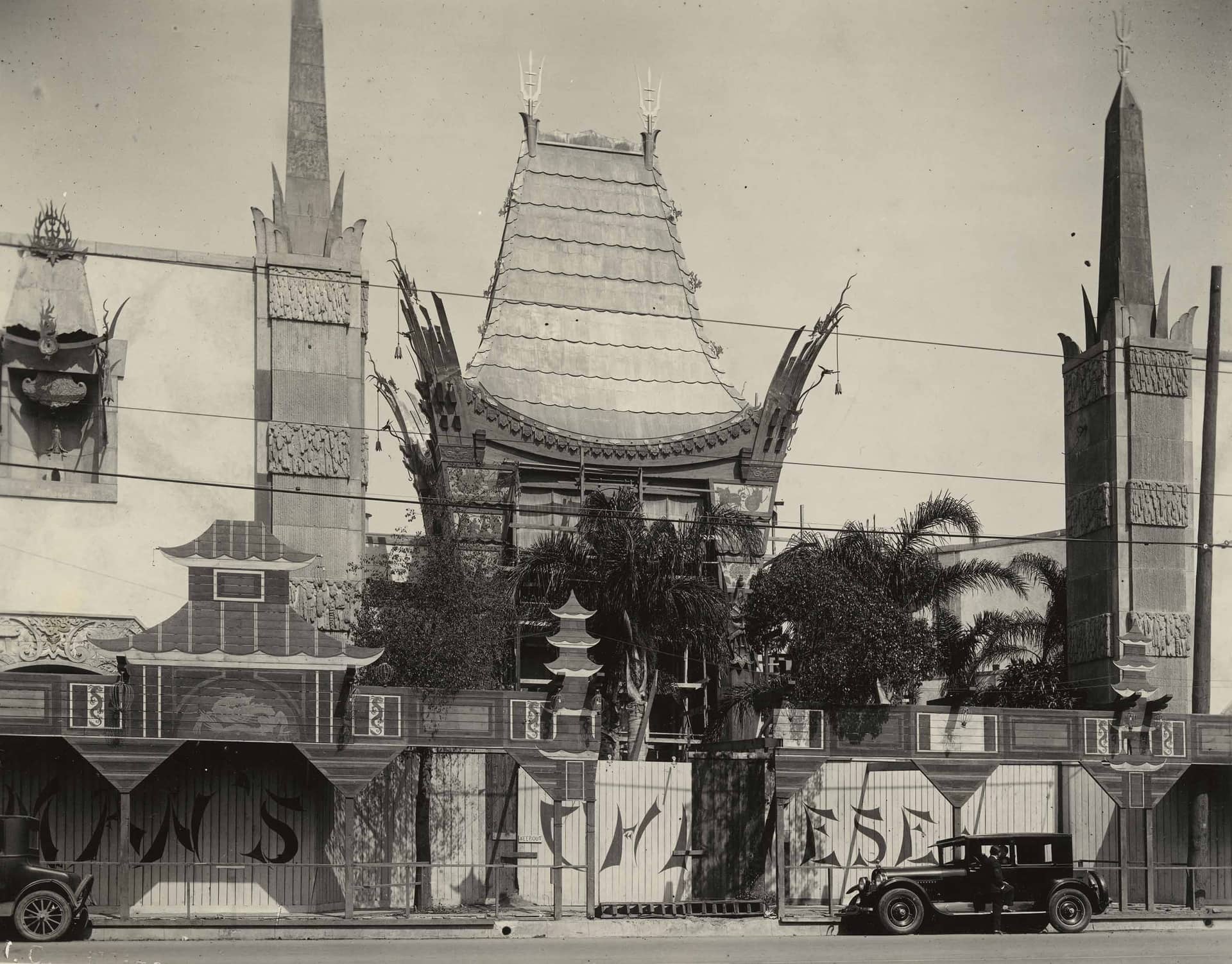 Exterior of Grauman's Chinese Theatre, Los Angeles, California during construction, 1927. Margaret Herrick Library, Academy of Motion Picture Arts and Sciences.
