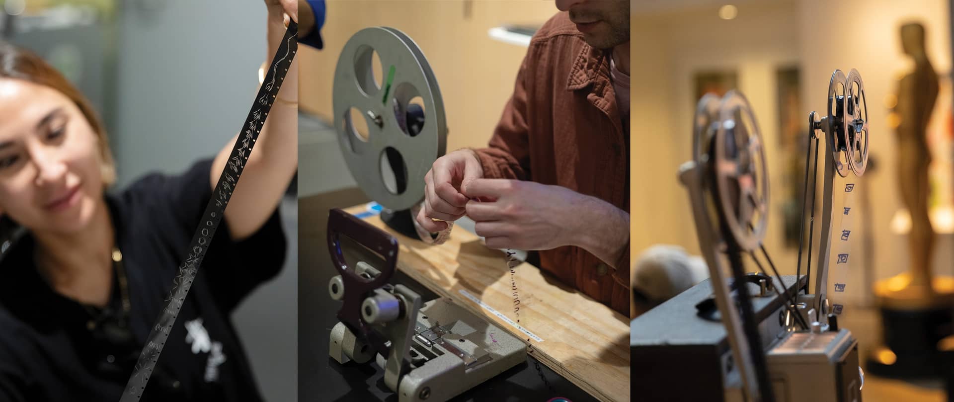 A man and woman are collaborating on repairing a film projector in a workshop setting. A man and woman are focused on fixing a film projector, surrounded by tools and equipment in a workshop.