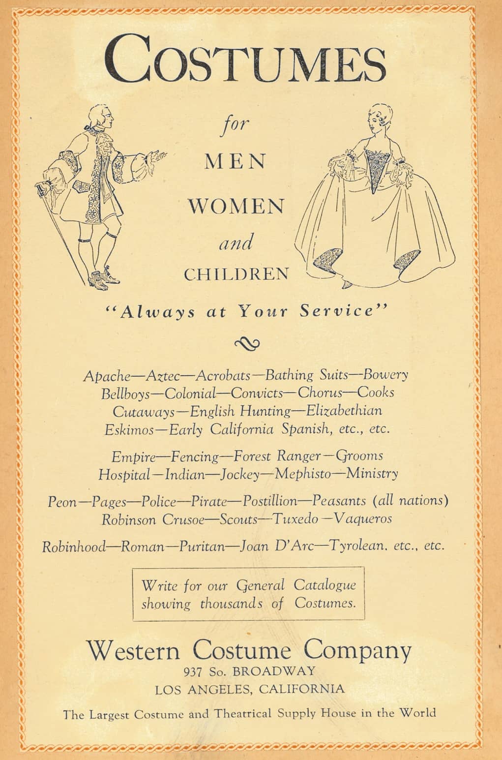 An advertisement from the 1920s, courtesy of Western Costume Company.