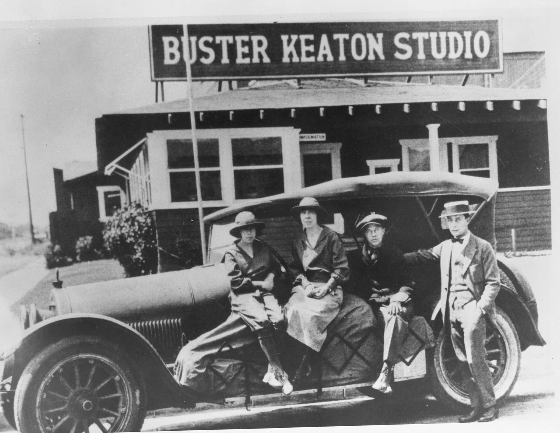 Buster Keaton (right) and others in front of Buster Keaton Studio on Lillian Way, Los Angeles, California, ca. 1920, Bison Archives photographs collected by Marc Wanamaker, courtesy of Margaret Herrick Library, Academy of Motion Picture Arts and Sciences.