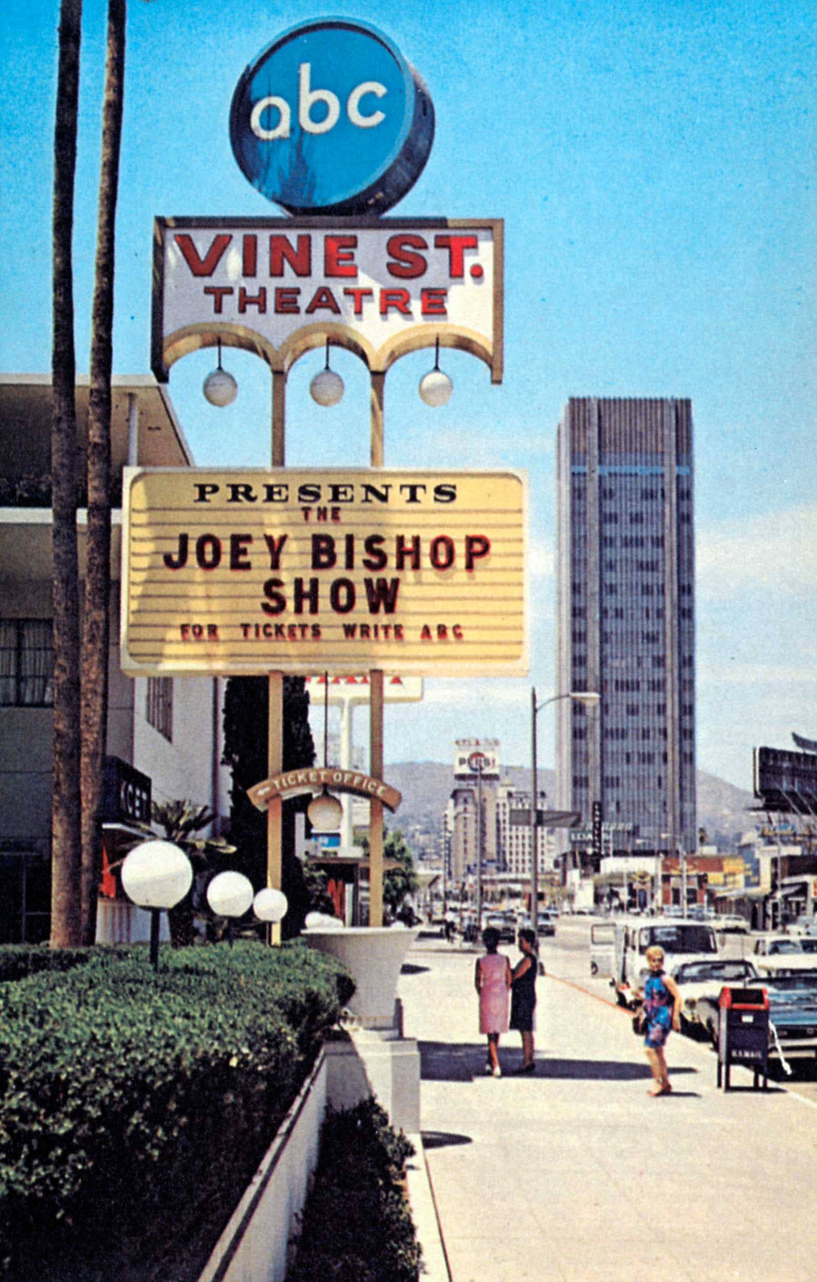 The marquee for the Joey Bishop Show at the ABC Vine Street Theater, ca. 1968, before becoming the Academy of Motion Picture Arts and Sciences Pickford Center for Motion Picture Study
Courtesy of AMPAS reference collection, Margaret Herrick Library, Academy of Motion Picture Arts and Sciences
