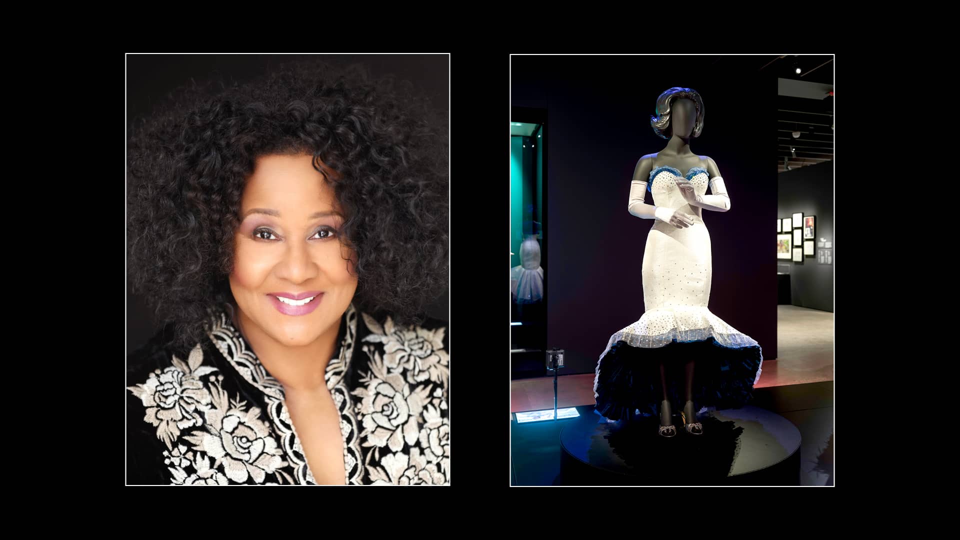 Image of Sharen Davis next to costume from DREAMGIRLS in Academy Museum of Motion Pictures