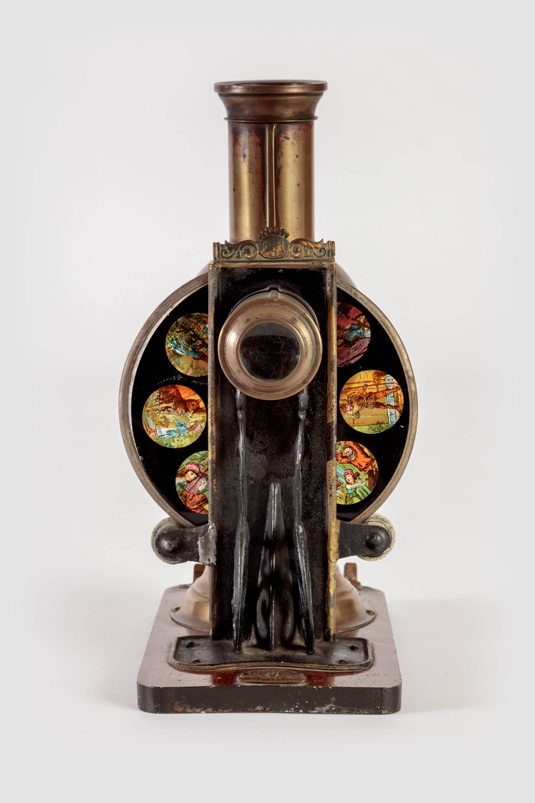 Brass Lantern with Slide, Ernst Plank, Brass, wood, paint, and glass, c. 1880, Germany, from the Richard Balzer Collection, gift of Patricia Bellinger Balzer, Photo by Joshua White/JW Pictures, ©Academy Museum Foundation