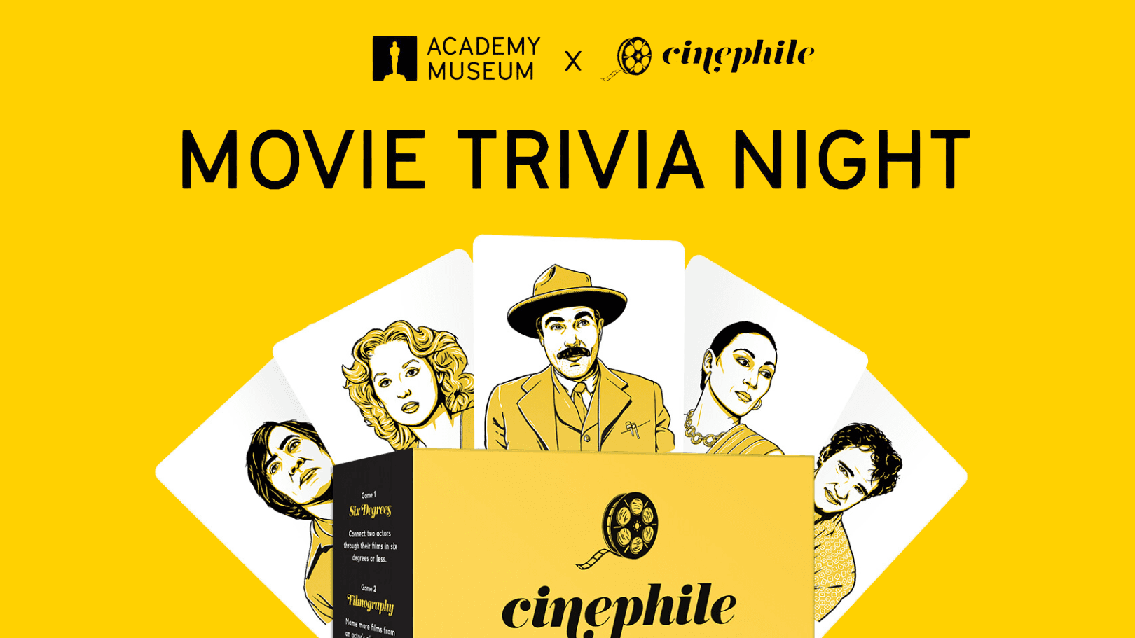 An illustration of the Cinephile movie trivia board game with cards displaying actors faces