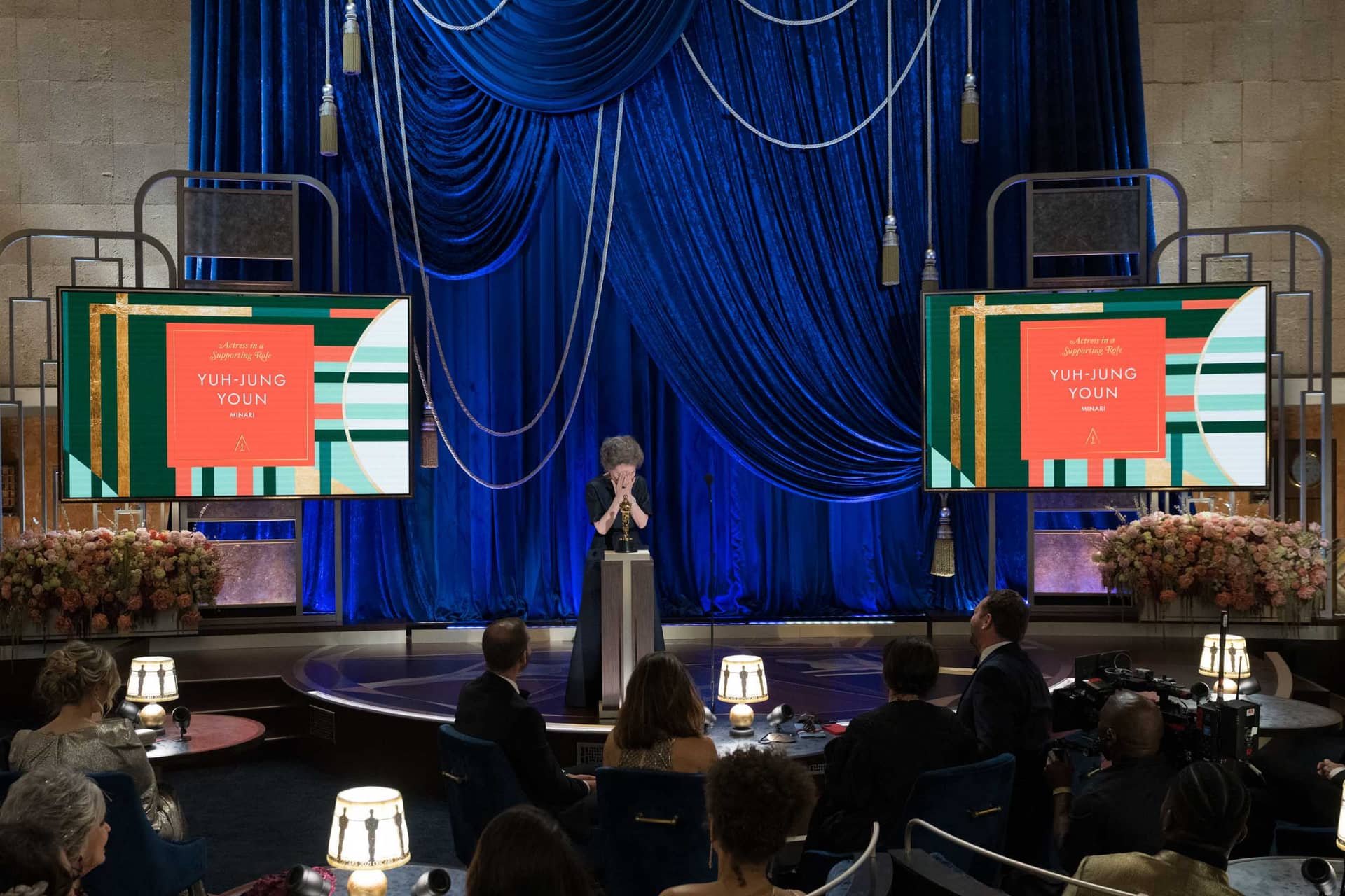 Yuh-Jung Youn onstage at the 93rd Academy Awards ceremony at Union Station, 2021
Courtesy of Academy Awards reference collection, Margaret Herrick Library, Academy of Motion Picture Arts and Sciences