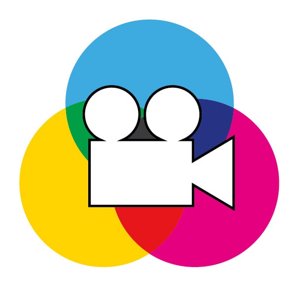A white film camera icon overlaid on overlapping blue, yellow, and magenta circles.