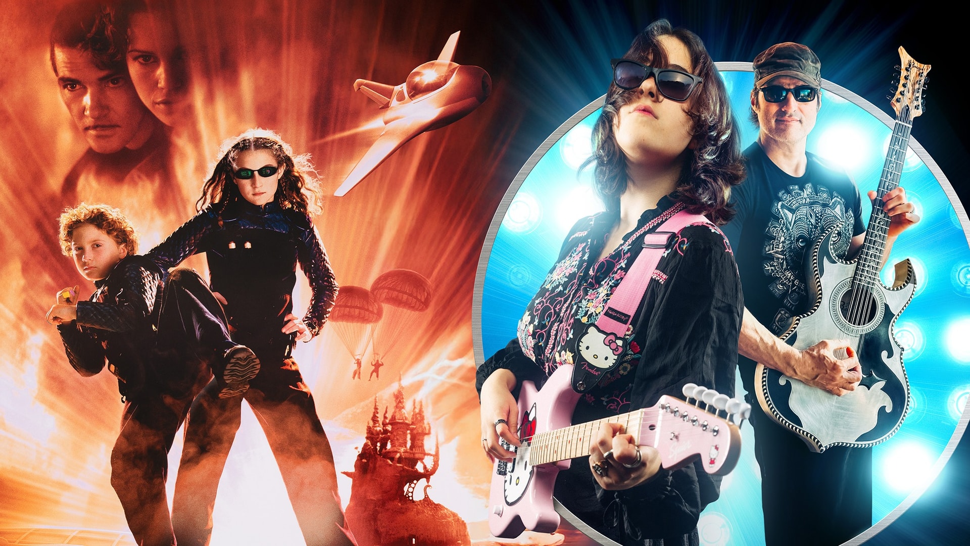 A split-screen collage. The left side shows an orange-toned poster from the movie Spy Kids, featuring two young secret agents in sunglasses, a futuristic jet, and a distant castle. The right side features a circular cutout with a blue-lit background, showcasing a young woman playing a pink Hello Kitty electric guitar alongside a man holding an intricate 12-string guitar.