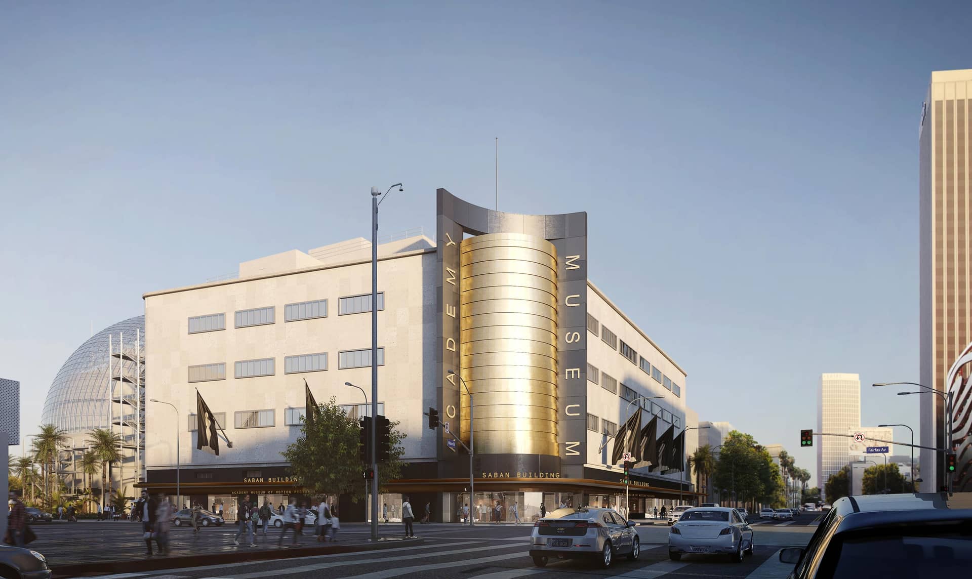 The Academy Museum of Motion Pictures as seen from Wilshire Boulevard and Fairfax Avenue in Los Angeles, California. ©Renzo Piano Building Workshop/©Academy Museum Foundation/Images from L’Autre Image.