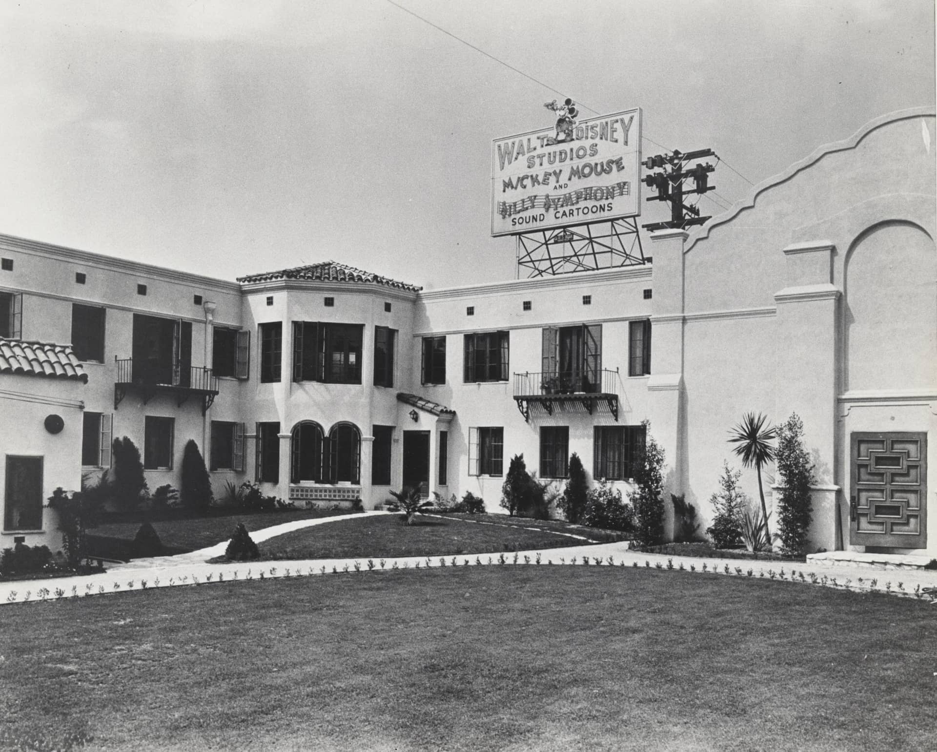 The Walt Disney Studios, home to the Mickey Mouse and Silly Symphony sound cartoons as the sign suggests, ca. 1933, Bison Archives, photographs collected by Marc Wanamaker, courtesy of Margaret Herrick Library, Academy of Motion Picture Arts and Sciences.