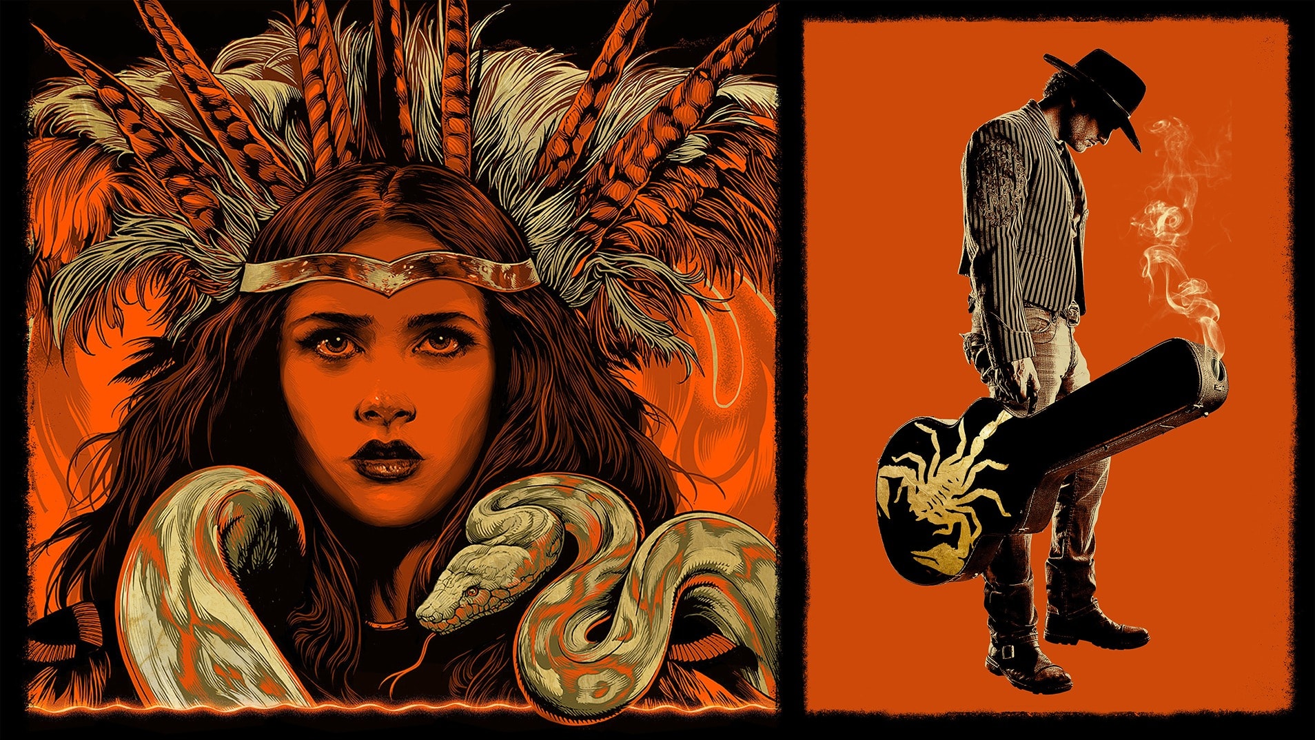 A split-screen illustration in an orange and black color scheme. The left side features a close-up of a woman wearing an elaborate feathered headdress and a metallic headband, with a large snake coiled in the foreground. The right side shows a man in profile wearing a cowboy hat and striped jacket, looking down while carrying a guitar case adorned with a large yellow scorpion graphic.
